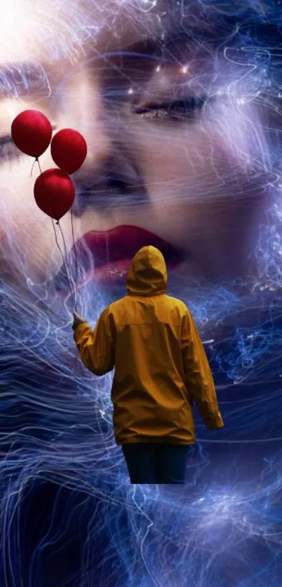 Person in yellow jacket with red balloons in a dreamy, surreal scene.