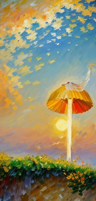 Dreamy sunset landscape with umbrella art.