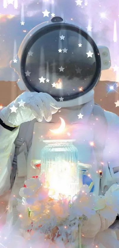 Astronaut holding a luminous jar in a dreamy galaxy setting with stars.