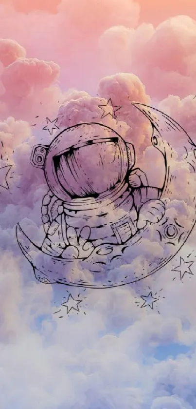 Dreamy astronaut floating on moon in pastel cloud sky.