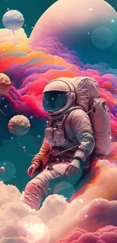 Astronaut floating in colorful cosmic clouds with teal background.