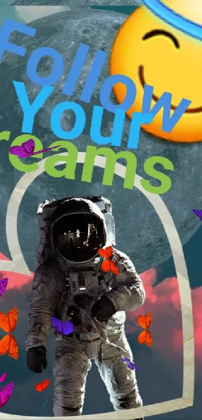 Astronaut with inspiring text on a dreamy teal and pink cosmic background.