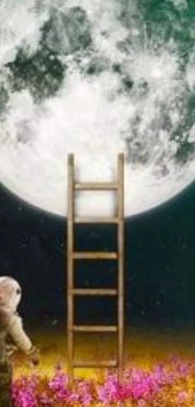 Astronaut beneath a full moon with a ladder reaching up.