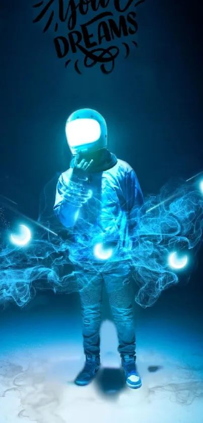 Astronaut surrounded by glowing neon blue mist.