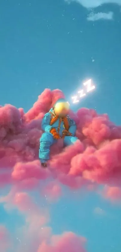 Dreamy astronaut resting on pink clouds with a blue sky background.