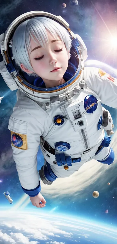 Dreamy astronaut floating in space with stars and planets around.