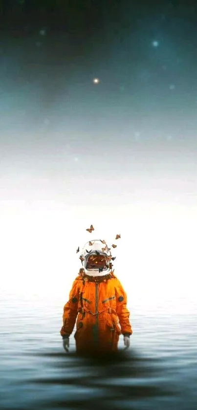 Astronaut in an orange suit standing in water under a serene sky with scattered stars.