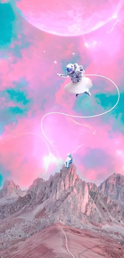 Surreal wallpaper of astronauts floating in a dreamy pastel pink sky set over mountains.