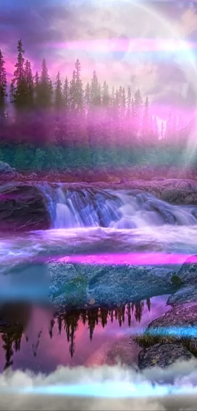 Dreamy aurora scene with waterfall and forest in vivid colors.