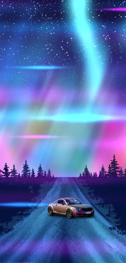 Car under vibrant aurora in night sky.