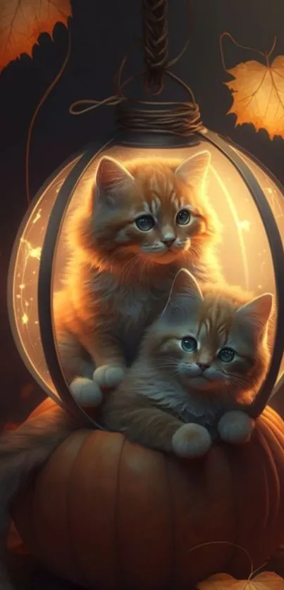 Two kittens in a glowing lantern amidst autumn leaves.