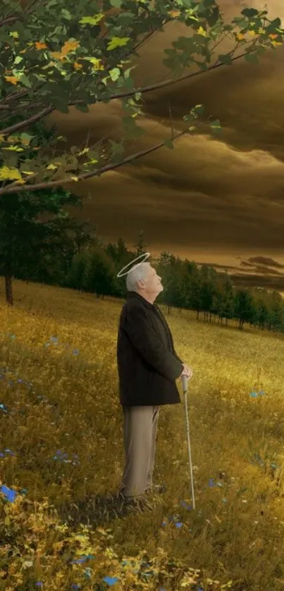 Elderly man in golden meadow with autumn tree.