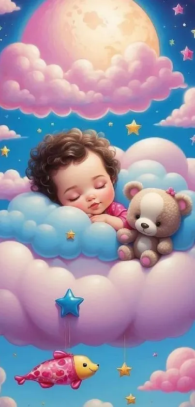 Baby sleeps on clouds with teddy bear under a starlit sky.