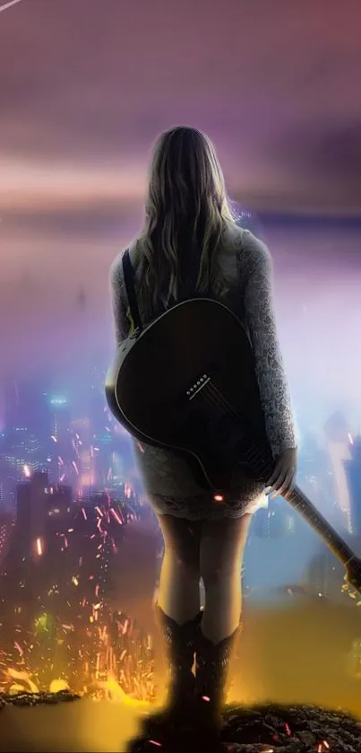 Backlit figure with guitar in urban cityscape wallpaper.
