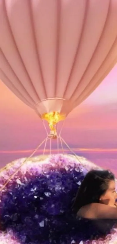 Dreamy hot air balloon over mystical geode landscape.