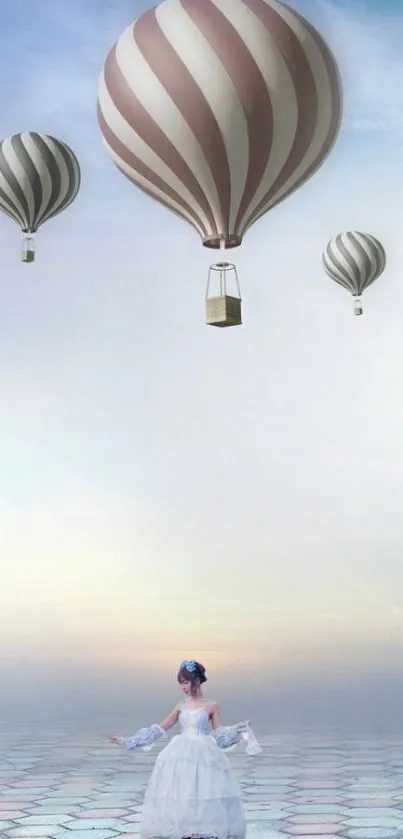 Mobile wallpaper with hot air balloons in a dreamy sky.