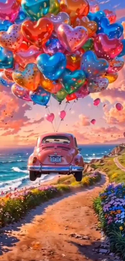 Car flying with heart balloons over scenic coast