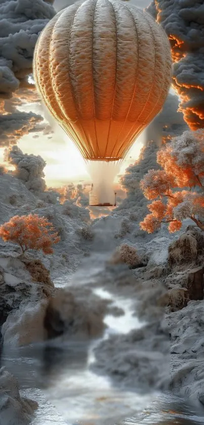 Hot air balloon over snowy river with autumn trees.