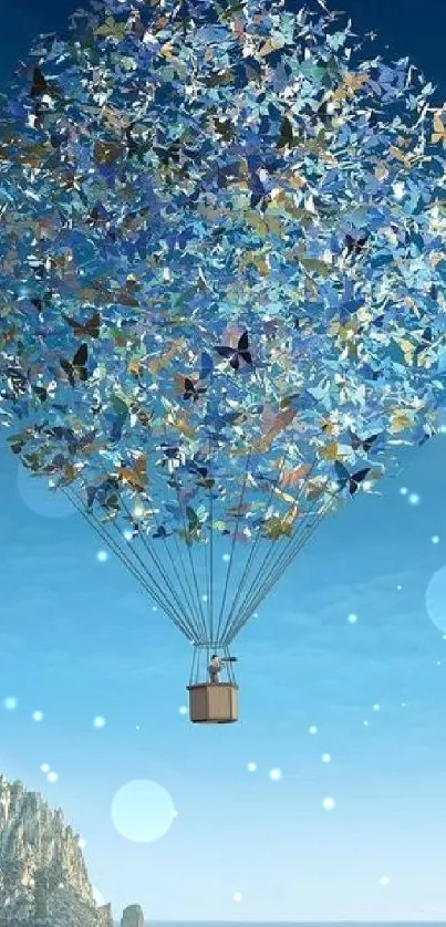 Floating balloon of butterflies against a bright blue sky over the ocean.