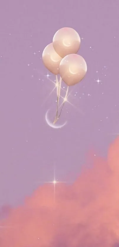 A dreamy wallpaper with balloons in a purple sky full of stars and soft clouds.