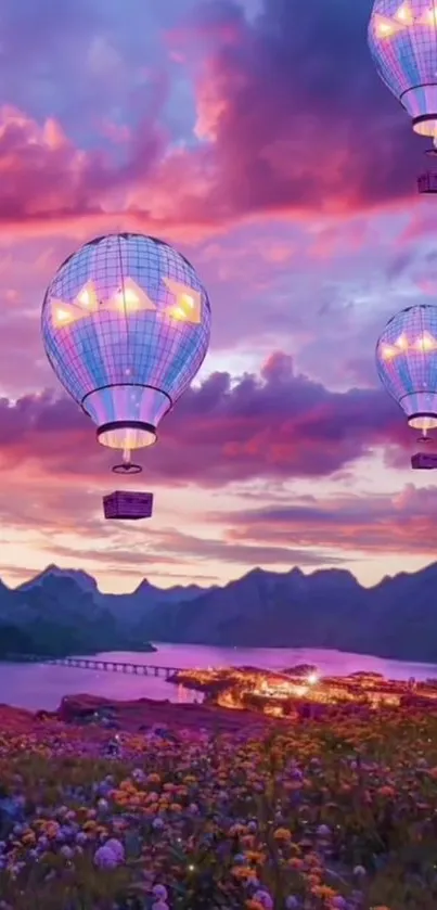 Hot air balloons at sunset over a scenic landscape.