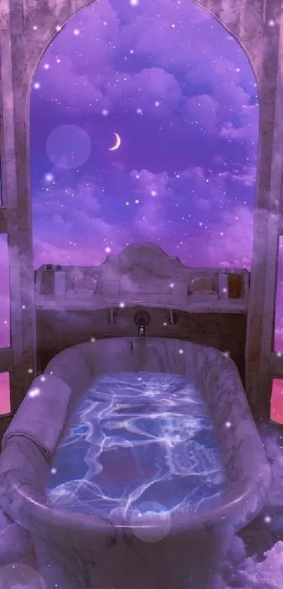 Dreamy purple bathroom with bathtub and clouds.