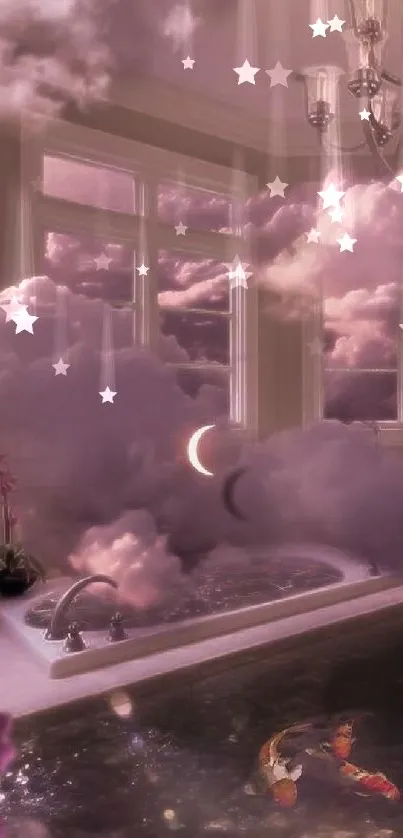 Surreal bathroom with clouds and pink hues.