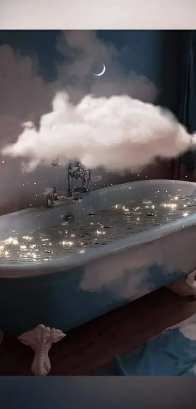 Whimsical wallpaper with vintage bathtub and cloud.