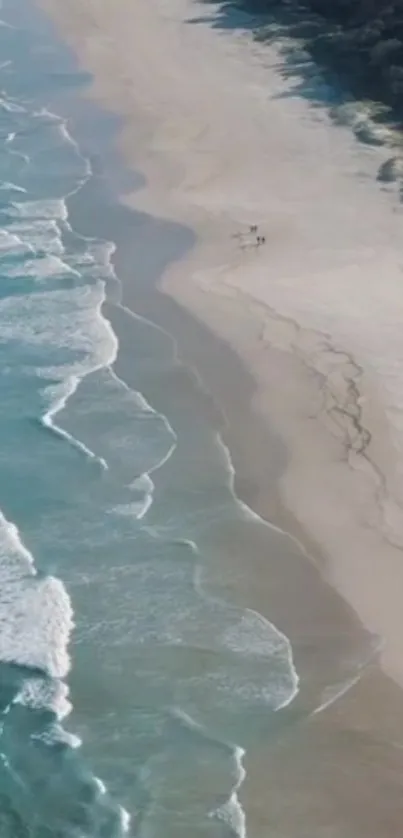 Aerial view of a tranquil beach with turquoise waves and sandy shores.