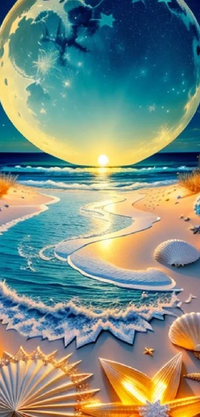 Dreamy night beach scene with moonlight and glowing sea shells.