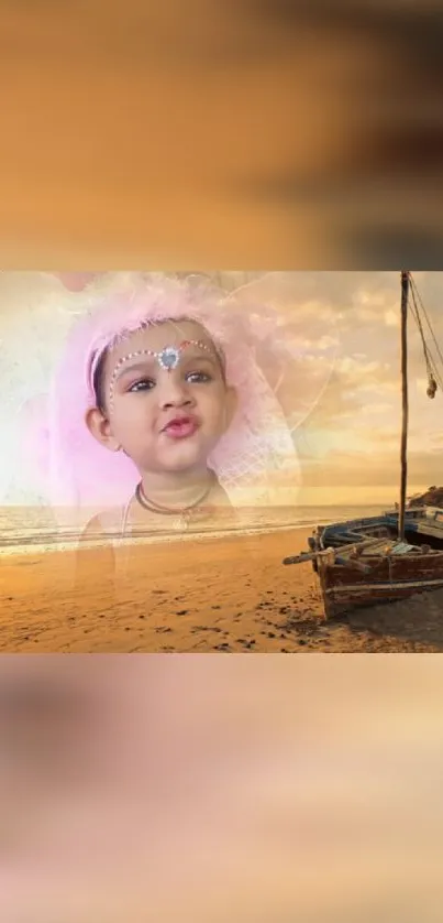 A cute baby with a dreamy beach backdrop, blending serenity and innocence.