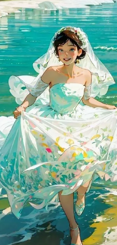 Illustration of a smiling bride by the ocean in a white dress.