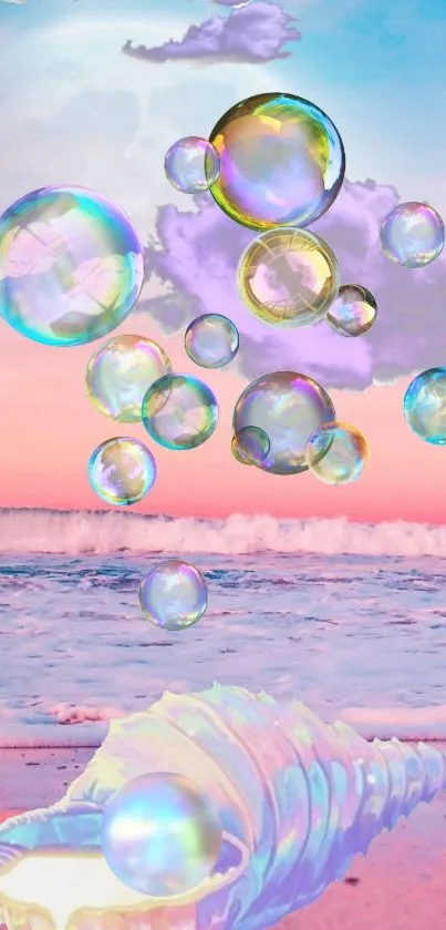 Dreamy beach with iridescent bubbles and pastel sunset sky for a serene mood.