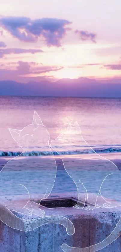 Dreamy beach scene with sunset and cat outlines, bathed in lavender hues.