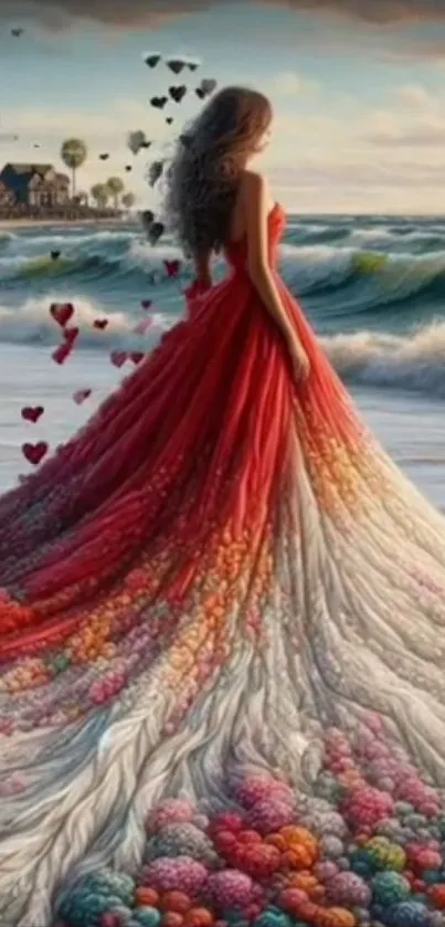 Woman in a flowing red dress standing on a beach with vibrant colors and waves.