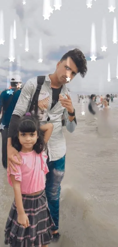 Father and daughter on a magical beach with stars in the sky.