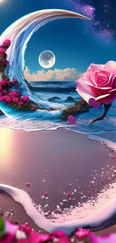 Fantasy beach wallpaper with moon, pink rose, and serene ocean landscape.