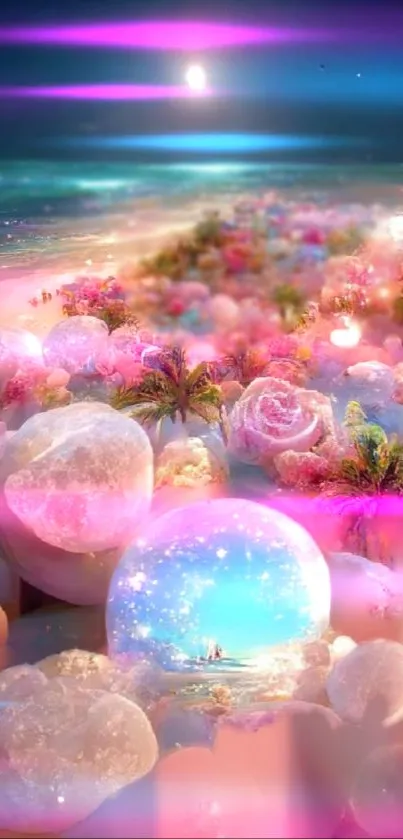 Fantasy beach scene with pink, flowers, and a glowing ocean.