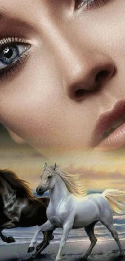 Serene beach scene with running horses and a human face.
