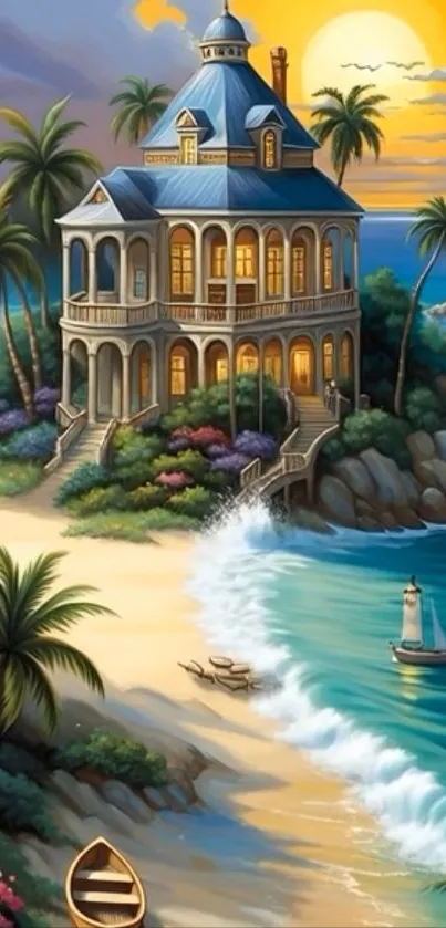 Tropical beach house with palm trees and ocean at sunset.