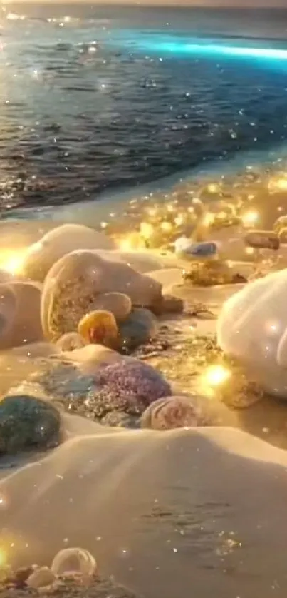 A serene moonlit beach with glowing ocean and seashells.