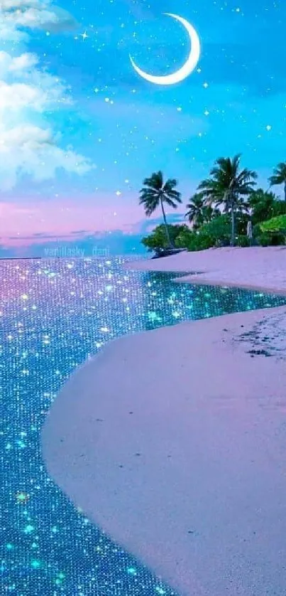 Beautiful beach with a crescent moon and sparkling ocean under a starry sky.