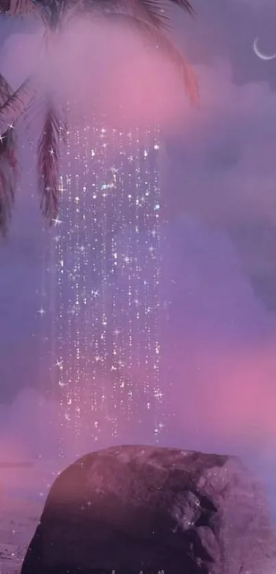 Dreamy night beach with palm trees and stars.