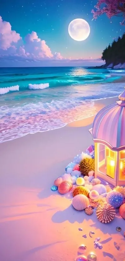 Dreamy beach night with moon, lantern, and waves.
