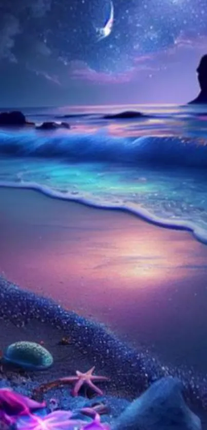 Dreamy night beach scene with moonlit waves and colorful reflections.