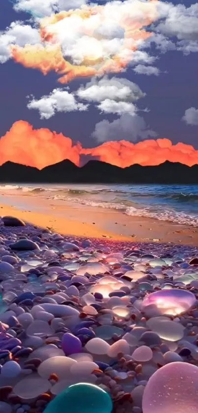 Surreal beach with glowing stones and a vibrant night sky.