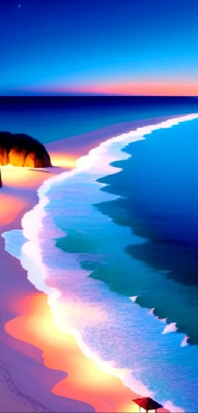 Nighttime beachscape with stars and waves in vibrant colors.