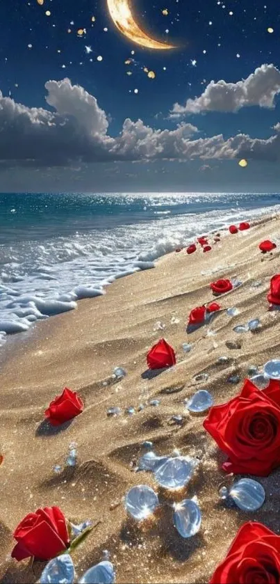 Starry beach night with red roses and sparkling ocean.