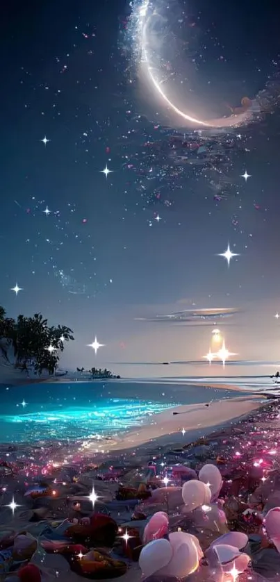 Magical beach scene with crescent moon and twinkling lights.