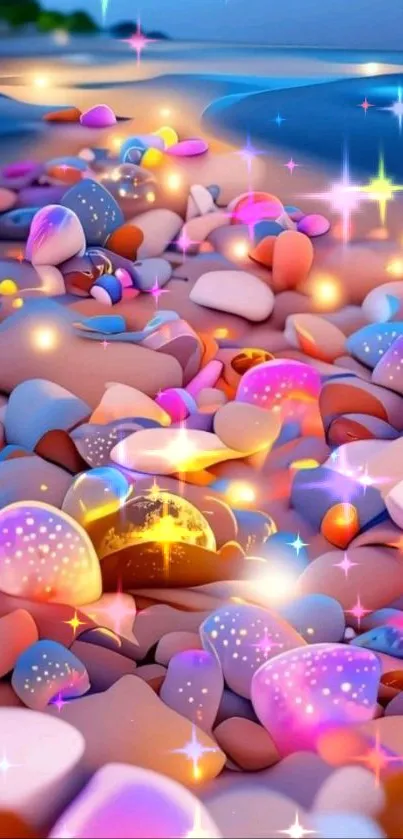 A dreamy beach scene with colorful glowing pebbles.